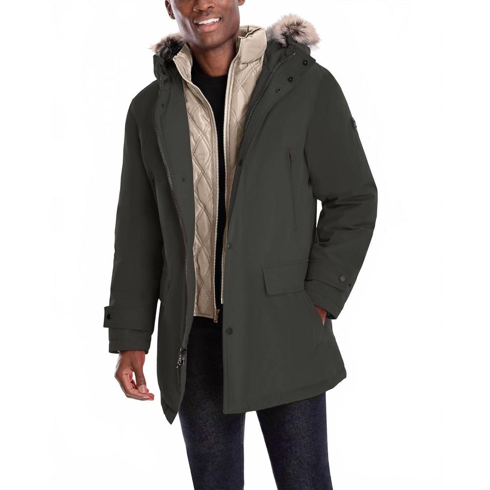 NEW LONDON FOG artic parka with removable faux fur trim on hood in dark olive